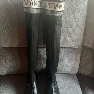 Christian Dior Black Leather Knit Sock Boots Women Size 39 Luxury Designer Boots